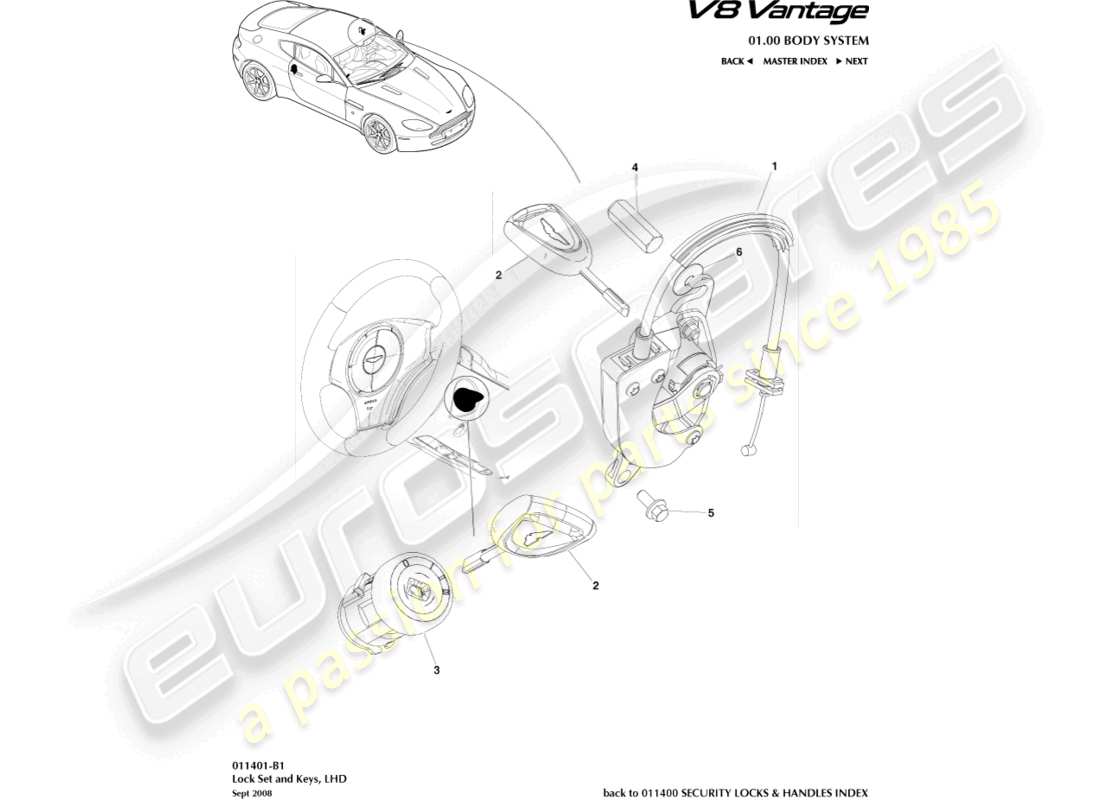 aston martin v8 vantage (2008) ensemble de serrures et clés, diagramme de pièces lhd