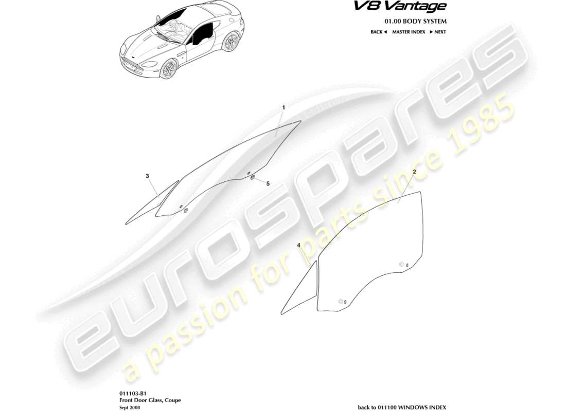 aston martin v8 vantage (2008) vitre de porte, schéma des pièces du coupé