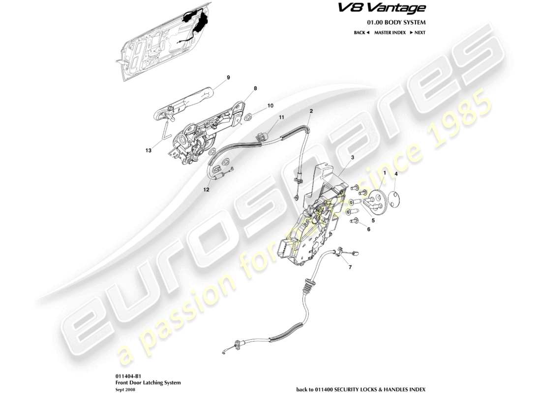 aston martin v8 vantage (2014) schéma des pièces du loquet de porte avant