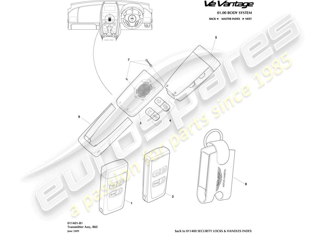 aston martin v12 vantage (2013) transmetteur, diagramme de pièces rke