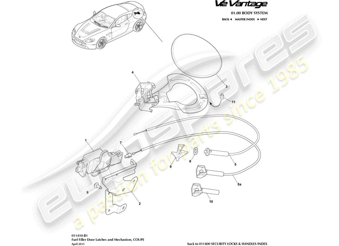 aston martin v12 vantage (2013) mécanisme de remplissage de carburant, schéma de pièces du coupé