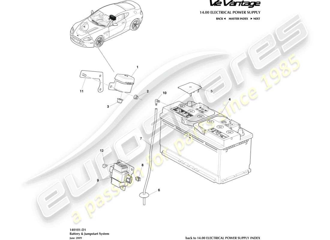 aston martin v12 vantage (2010) diagramme des pièces de la batterie