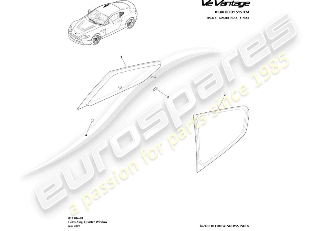 aston martin v12 vantage (2010) vitre de custode arrière, schéma des pièces du coupé