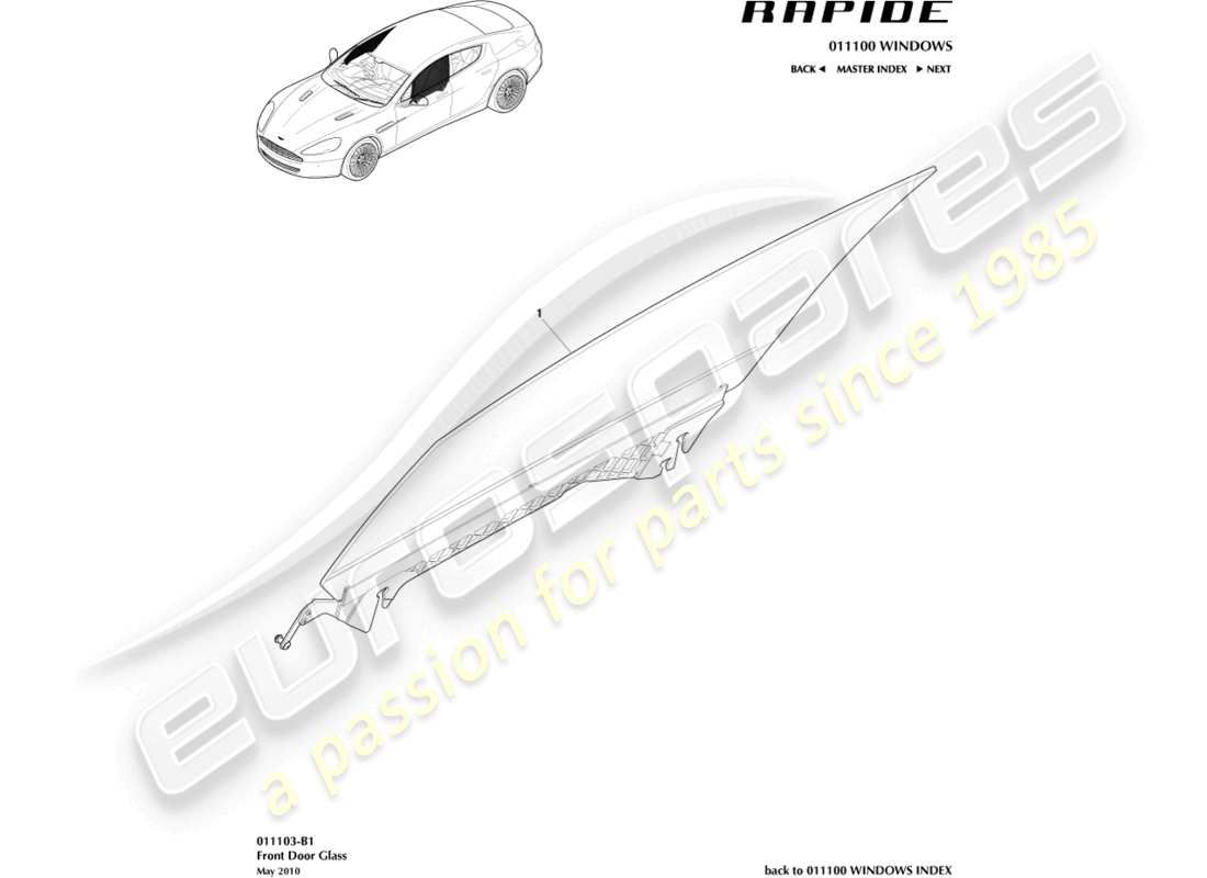 aston martin rapide (2011) schéma des pièces en verre de la porte d'entrée