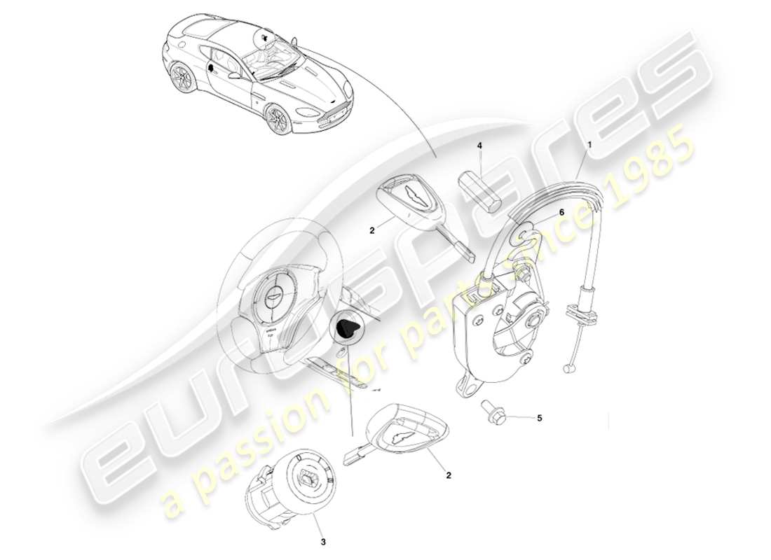 aston martin v8 vantage (2005) ensemble de serrures et clés, diagramme de pièces lhd