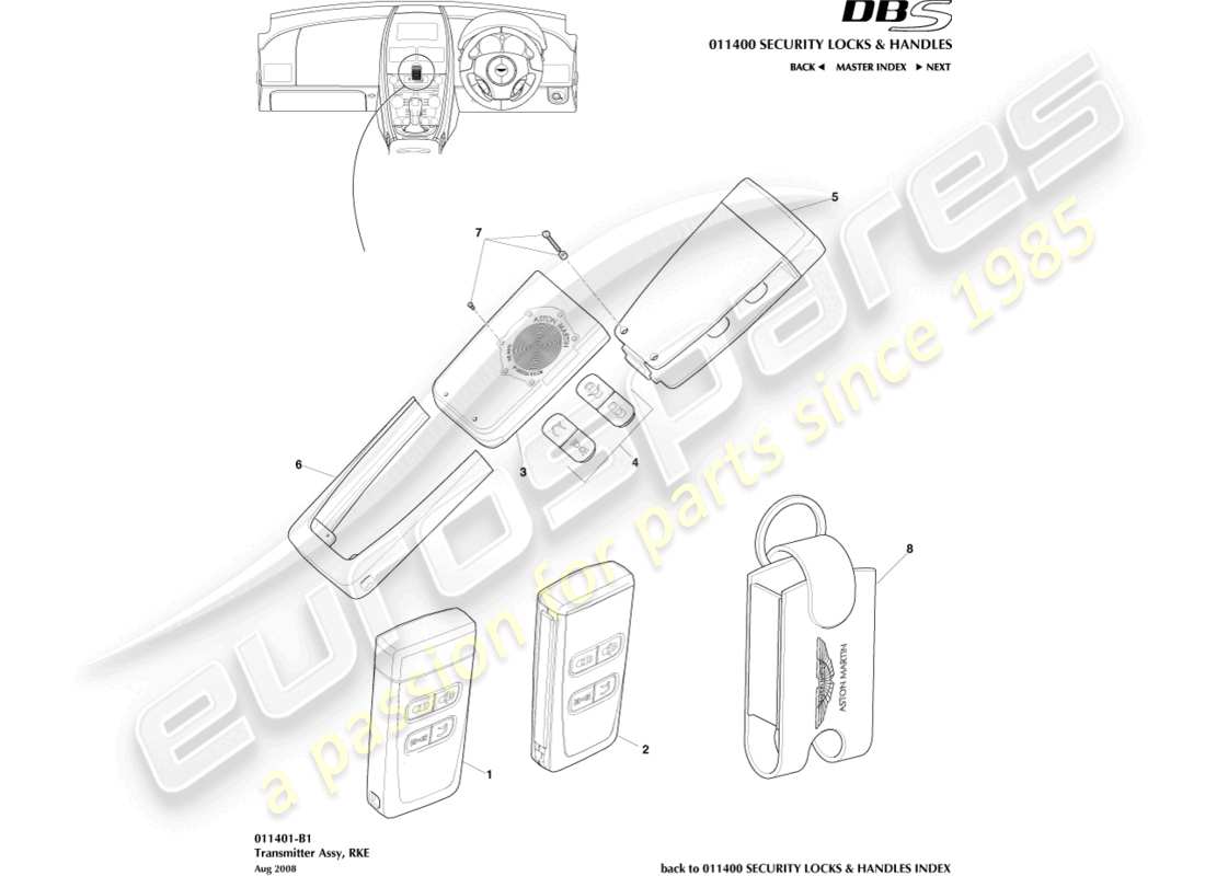 aston martin dbs (2010) transmetteur, diagramme de pièces rke
