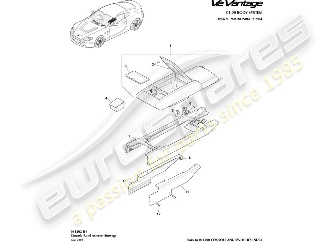 aston martin v12 vantage (2010) schéma des pièces de la console centrale avec accoudoir