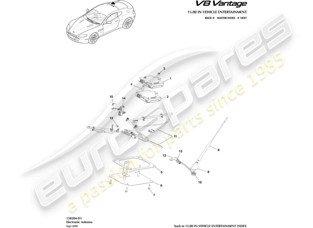 aston martin v8 vantage (2012) schéma des pièces de l'antenne électronique