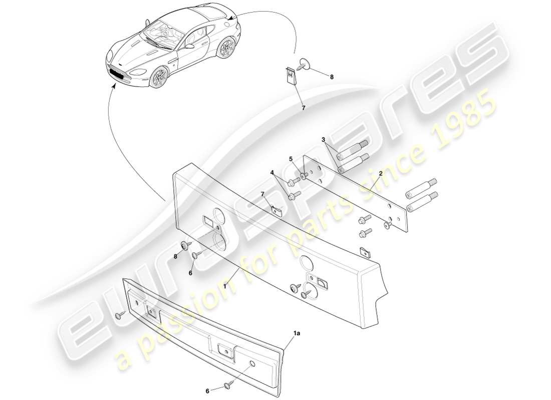 aston martin v8 vantage (2007) supports de plaque d'immatriculation, diagramme des pièces de l'emprise