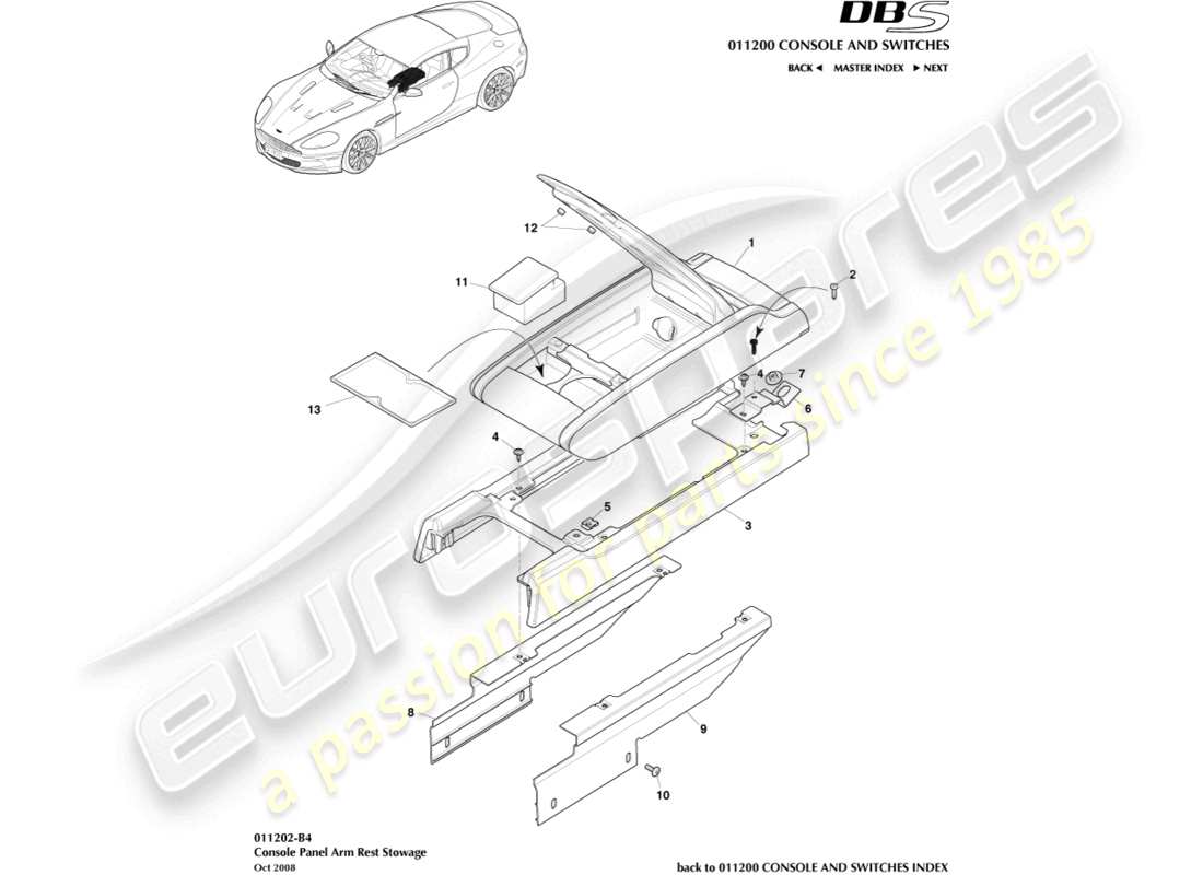 aston martin dbs (2010) console centrale, diagramme de pièce d'accoudoir