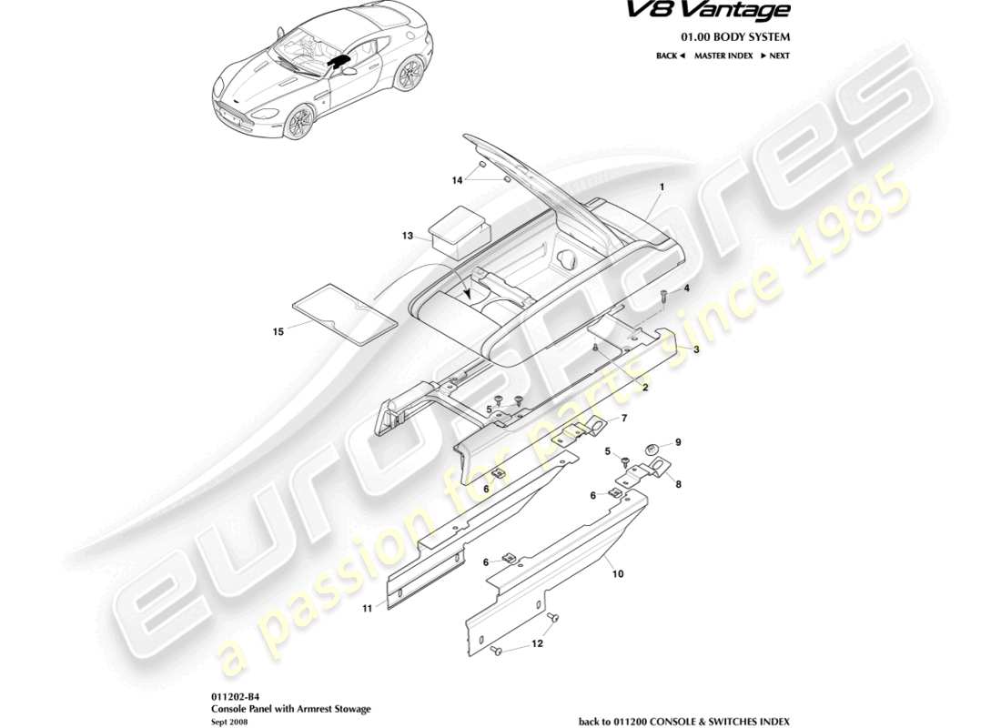 aston martin v8 vantage (2009) console centrale avec armrest011202-b4 diagramme de pièces