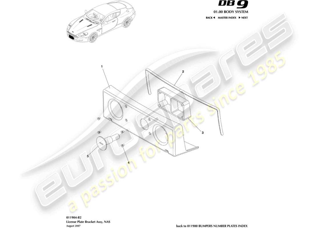 aston martin db9 (2007) supports de plaque d'immatriculation, diagramme de pièce nas
