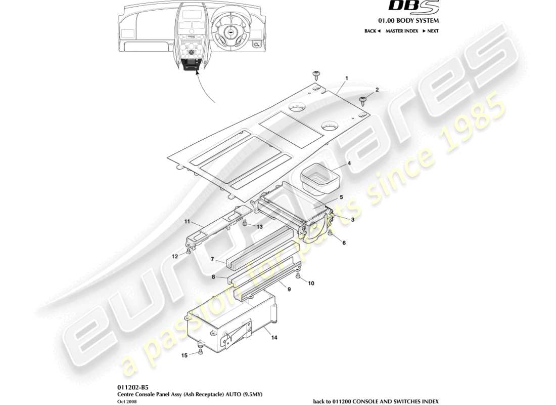 aston martin dbs (2010) console centrale, diagramme de pièces automobiles