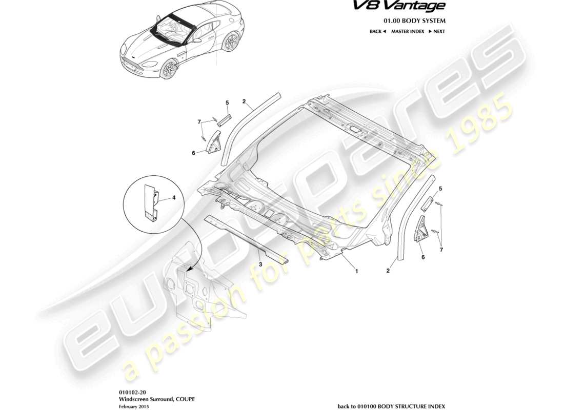 aston martin v8 vantage (2014) tableau de bord et capot de carrosserie, diagramme de pièce du coupé