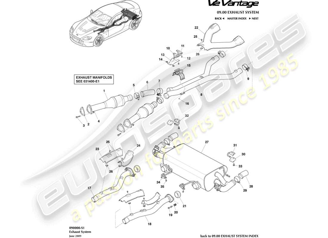 aston martin v12 vantage (2013) système d'échappement schéma des pièces