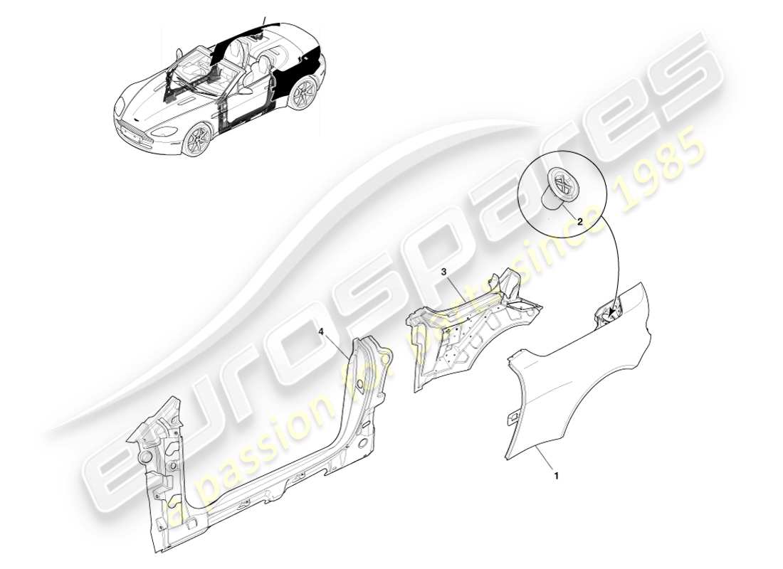 aston martin v8 vantage (2007) côté carrosserie du panneau, diagramme des pièces du roadster