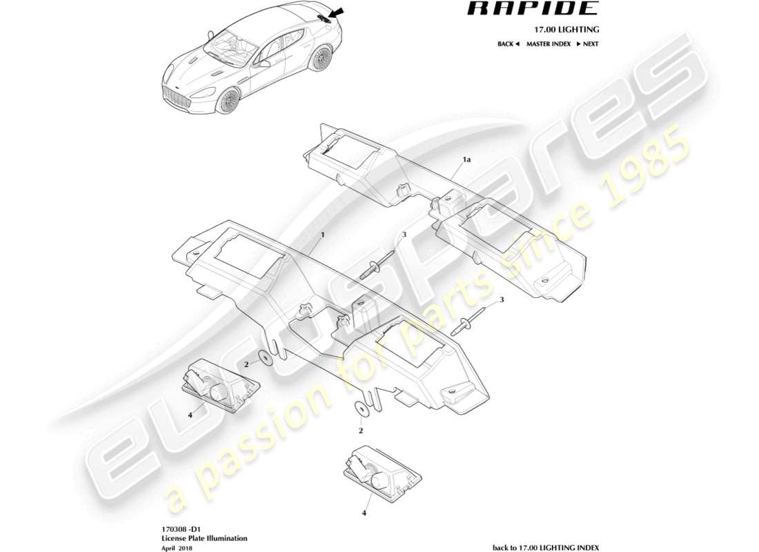 aston martin rapide (2011) schéma des pièces des lampes de plaque d'immatriculation
