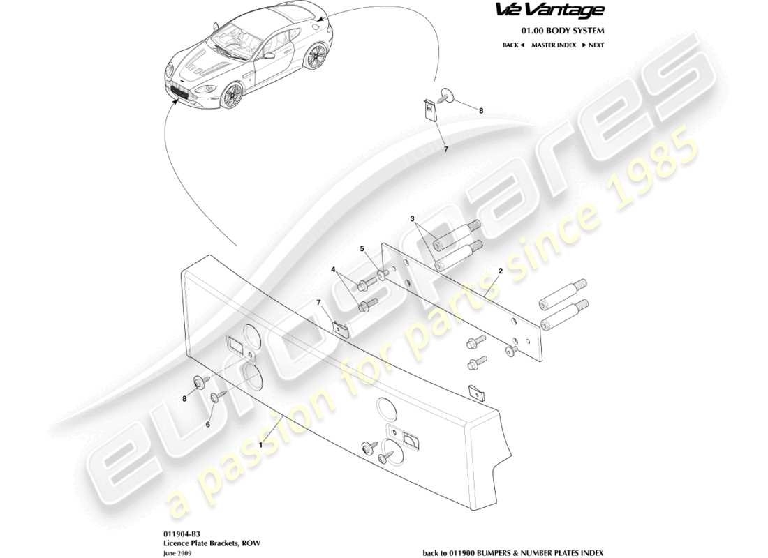 aston martin v12 vantage (2010) supports de plaque d'immatriculation, diagramme des pièces de l'emprise