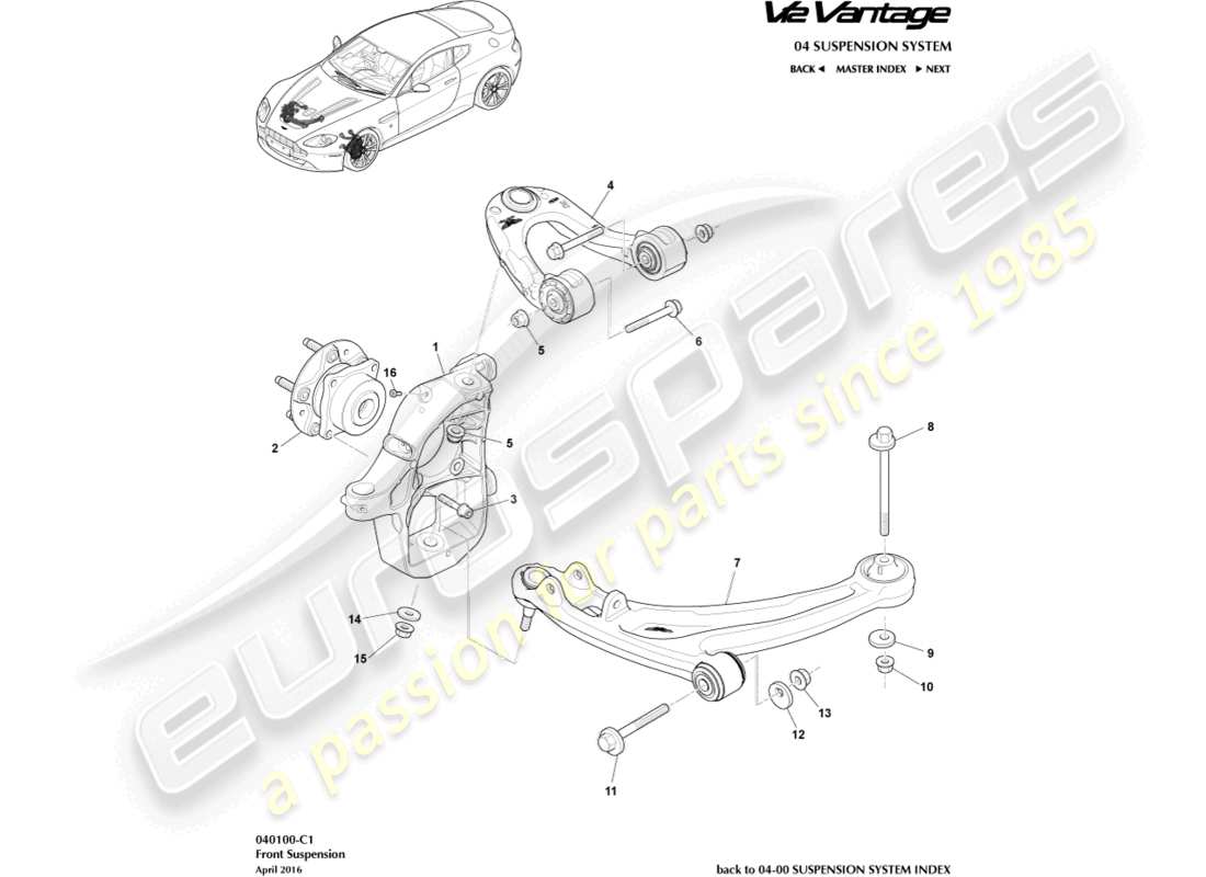 aston martin v12 vantage (2010) schéma des pièces de l'ensemble de suspension avant