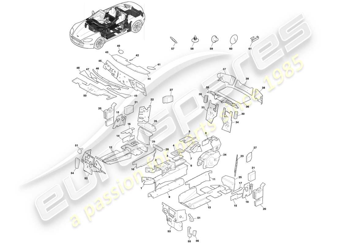 aston martin v8 vantage (2005) isolation de carrosserie, roadster, 14my diagramme de pièce