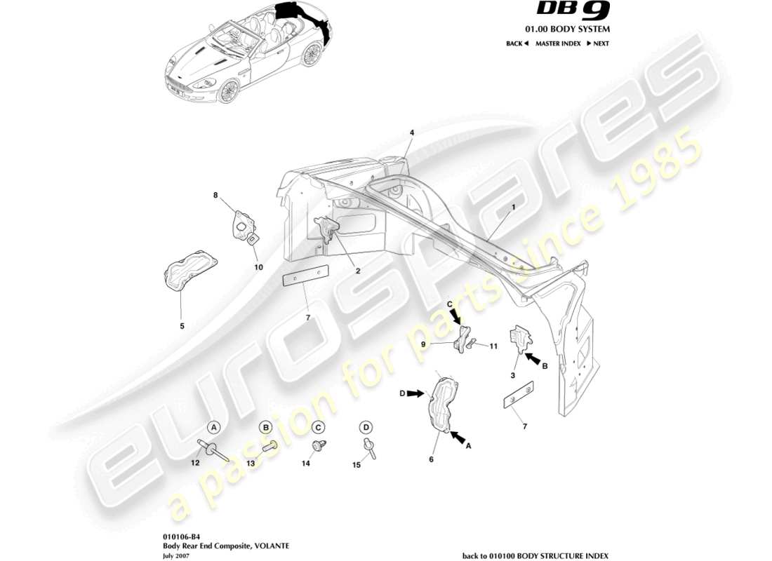 aston martin db9 (2012) corps arrière composite, volante schéma des pièces
