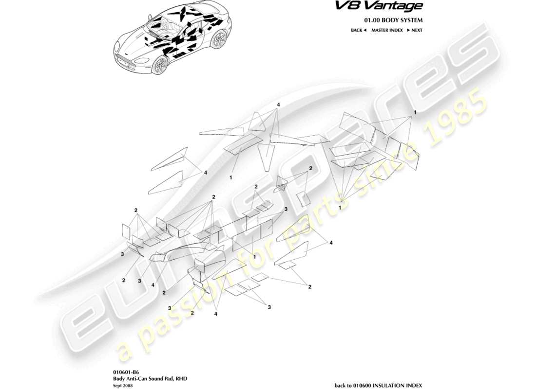 aston martin v8 vantage (2014) coussinets sonores anti-can, diagramme de pièce rhd