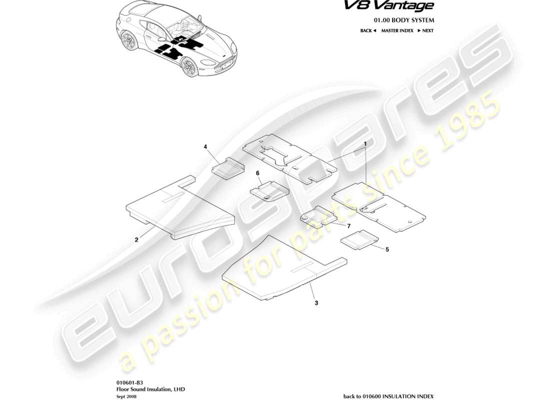 aston martin v8 vantage (2010) isolation phonique du sol, diagramme de pièces lhd