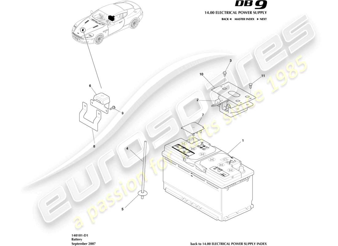 aston martin db9 (2008) diagramme des pièces de la batterie