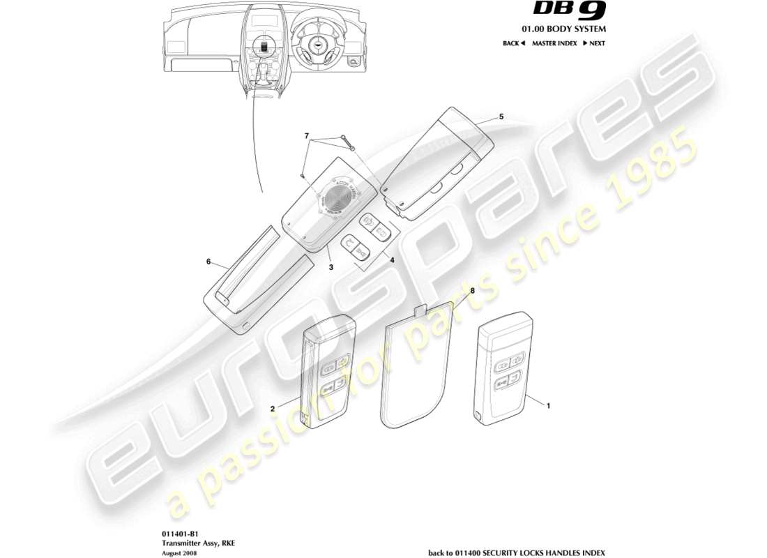aston martin db9 (2008) transmetteur, diagramme de pièces rke