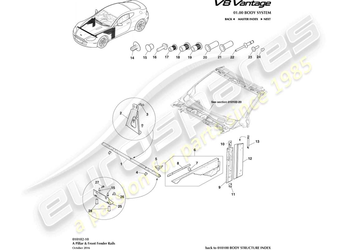 aston martin v8 vantage (2010) un diagramme de pièces de pilier et de garde-boue