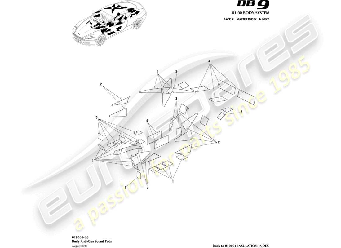 un schéma de pièces du catalogue de pièces aston martin db9 (2007)
