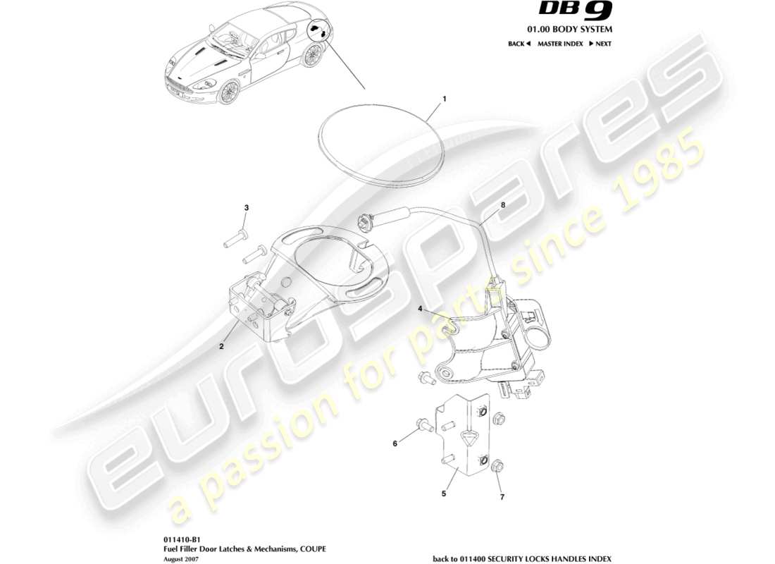 aston martin db9 (2011) mécanisme de remplissage de carburant, schéma de pièces du coupé