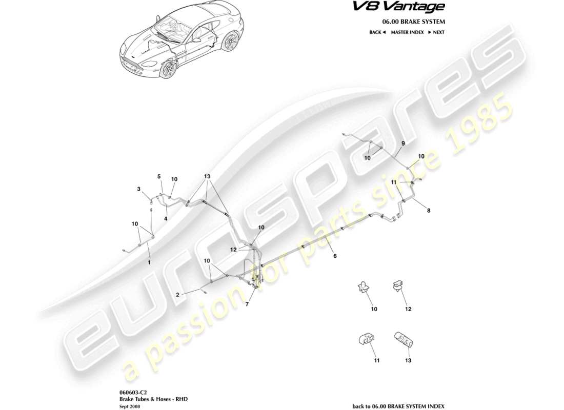 aston martin v8 vantage (2010) conduites et flexibles de frein, diagramme de pièces rhd