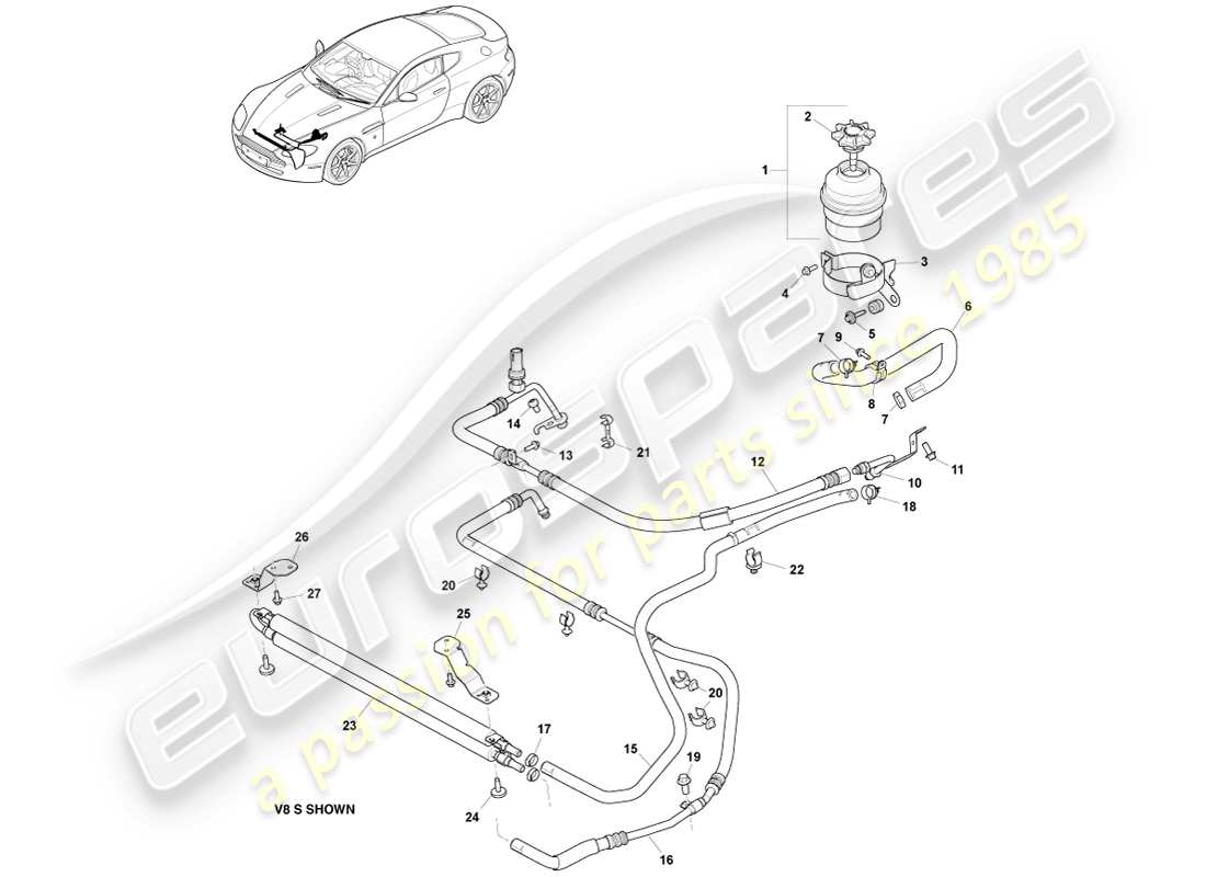 aston martin v8 vantage (2005) refroidisseur, tuyaux et réservoir, diagramme de pièces rhd