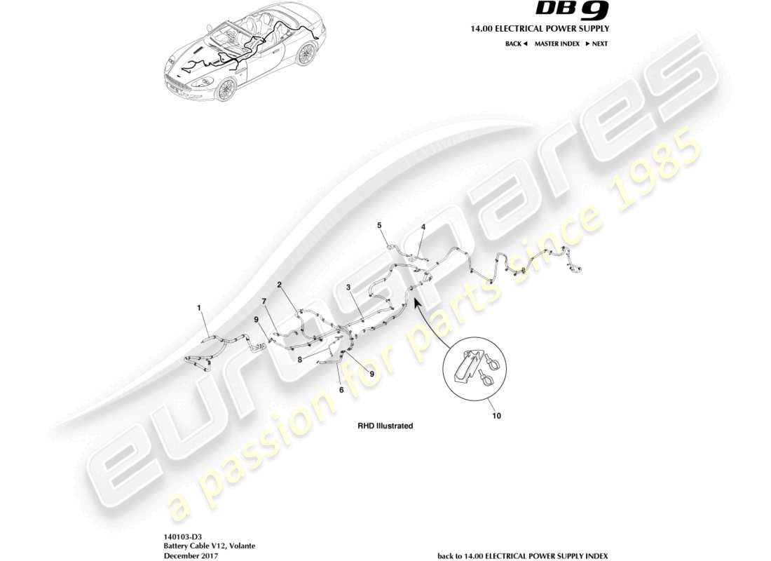 aston martin db9 (2007) câbles de batterie, diagramme de pièce volante