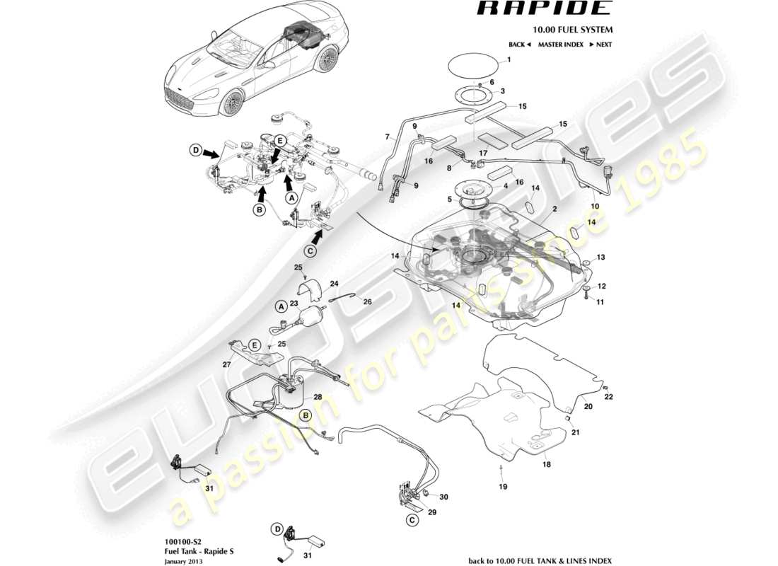 aston martin rapide (2014) ensemble de réservoir de carburant, diagramme de pièce s