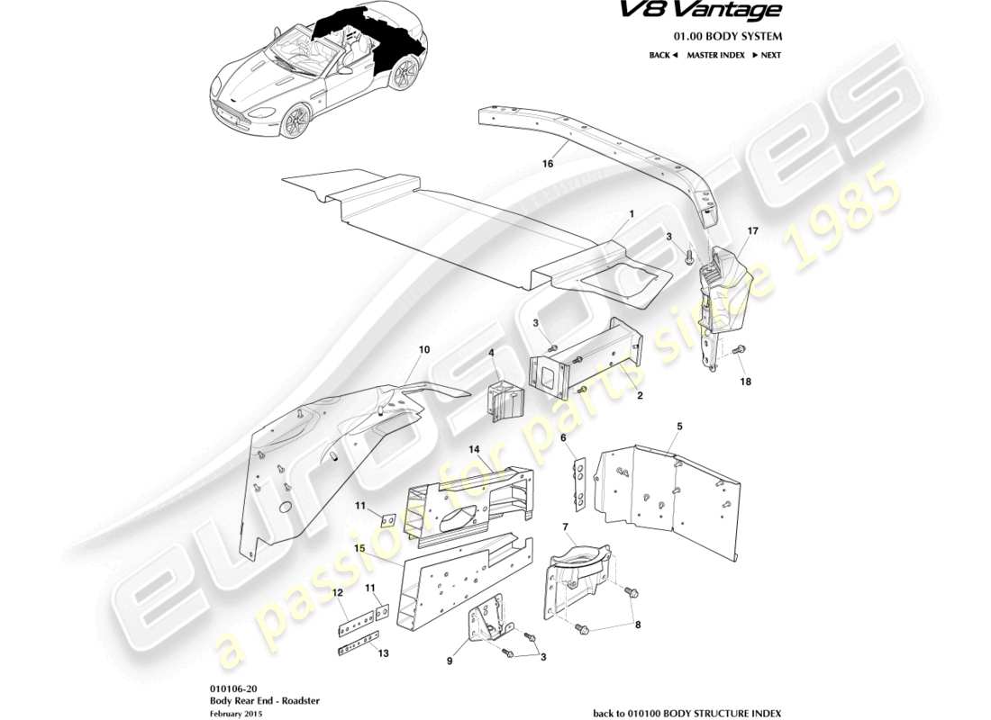 aston martin v8 vantage (2008) partie arrière de la carrosserie, diagramme des pièces du roadster