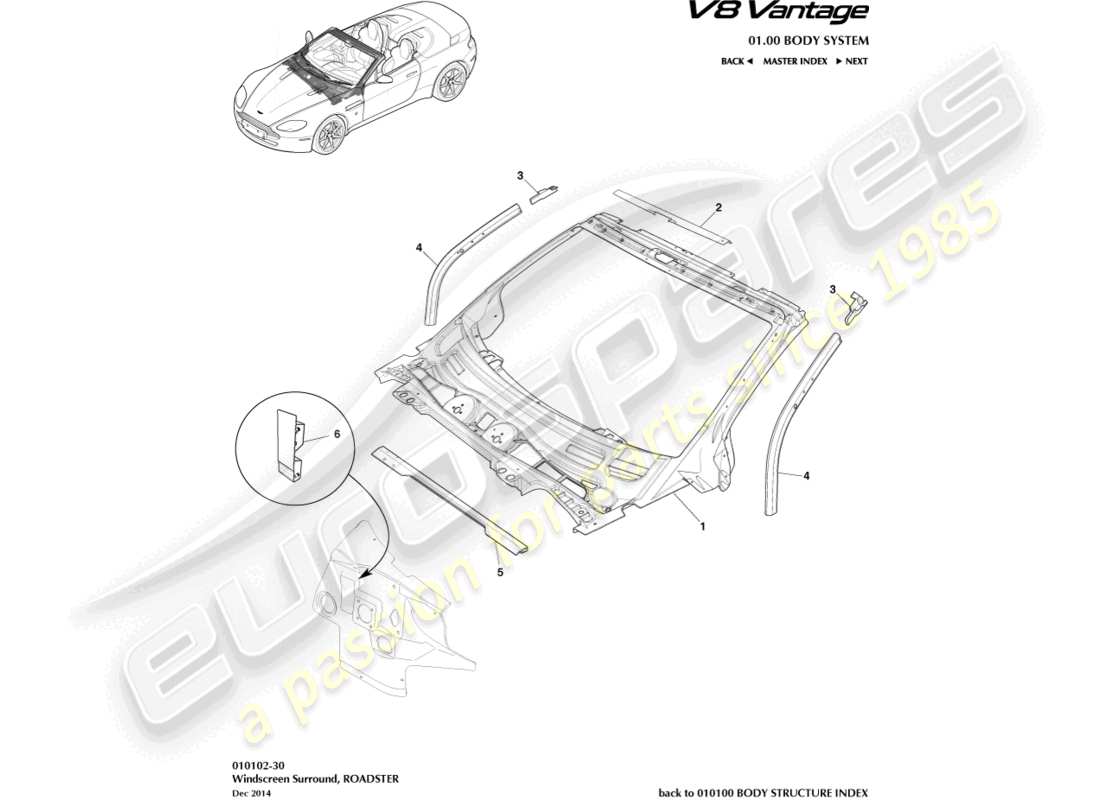 aston martin v8 vantage (2013) tableau de bord et capot de carrosserie, diagramme de pièces du roadster