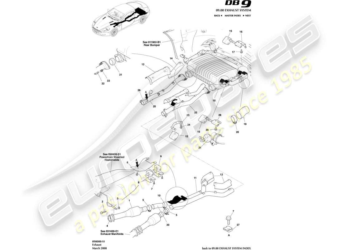 aston martin db9 (2007) système d'échappement schéma des pièces