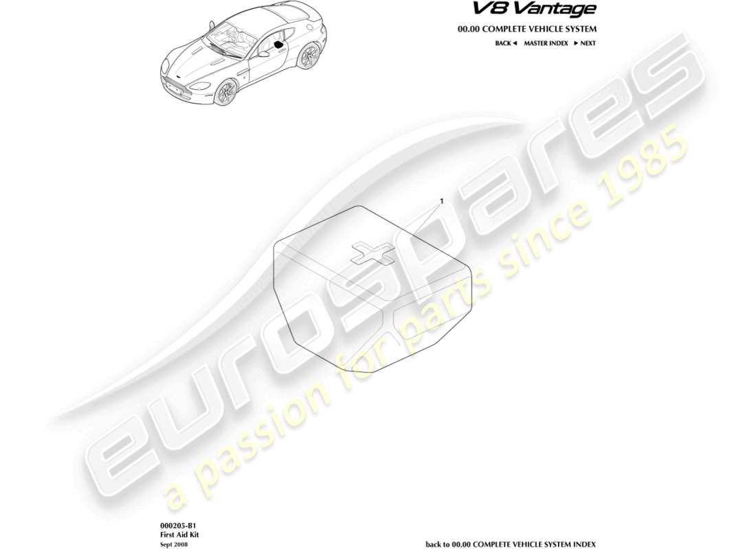 aston martin v8 vantage (2010) kit de premiers secours schéma des pièces