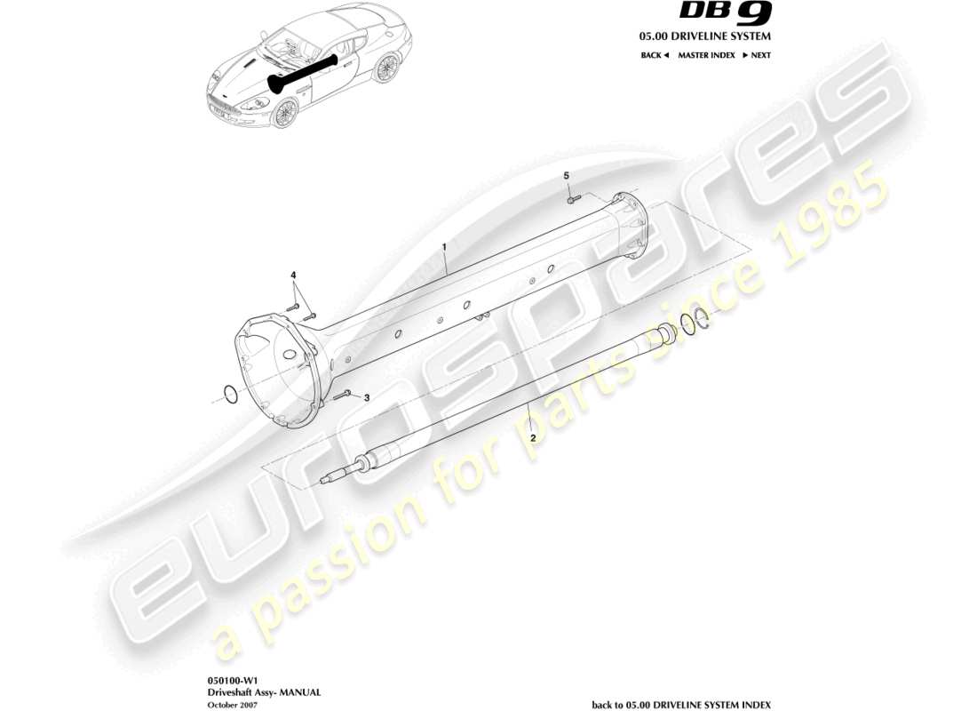 aston martin db9 (2007) ensemble d'arbre de transmission, schéma des pièces manuel