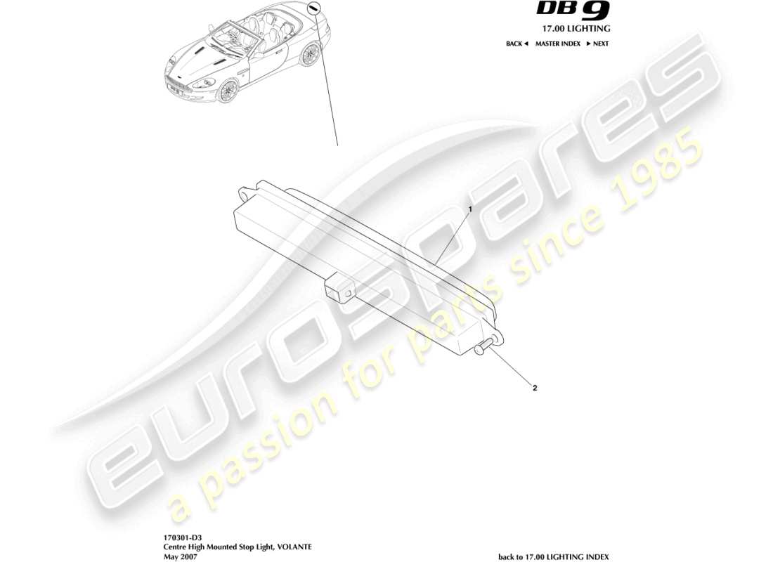 aston martin db9 (2008) feu stop monté en hauteur, diagramme de pièces volante