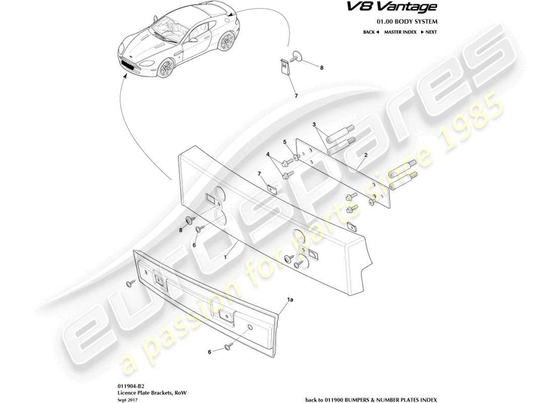 aston martin v8 vantage (2008) supports de plaque d'immatriculation, diagramme des pièces de l'emprise