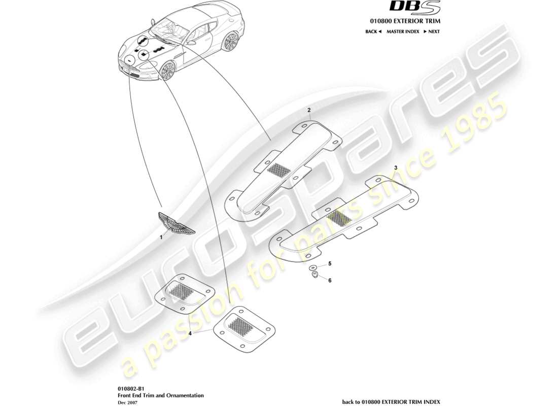 aston martin dbs (2010) diagramme des pièces de garniture avant