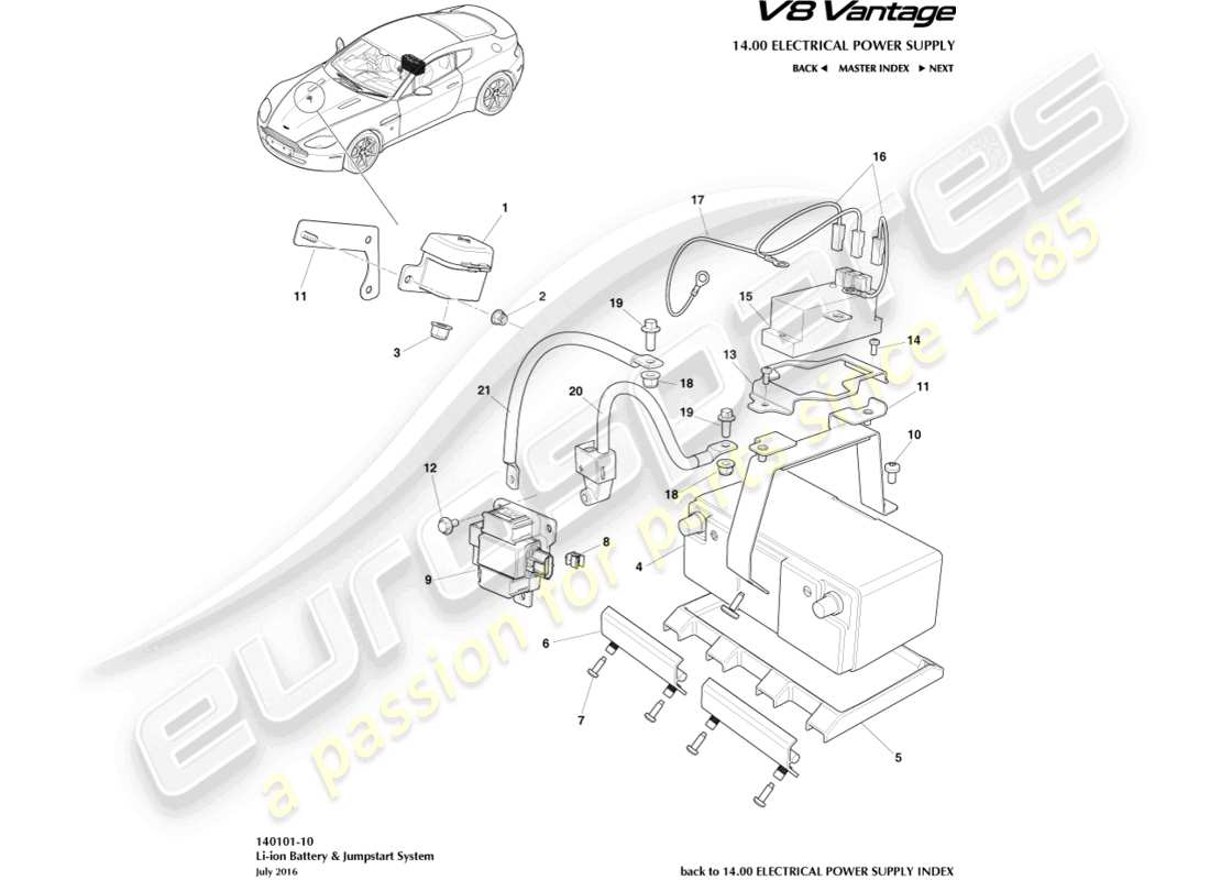 aston martin v8 vantage (2008) batterie, diagramme de pièce au lithium-ion
