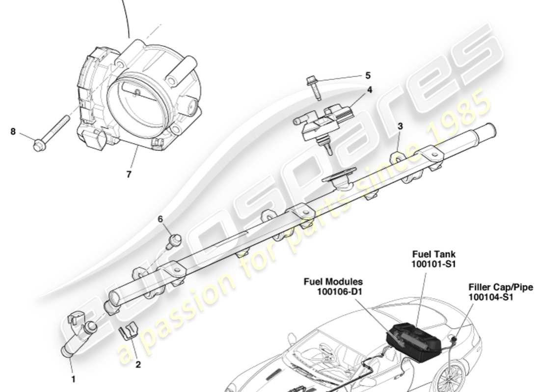 aston martin db9 (2008) schéma des pièces de chargement et de contrôle du carburant