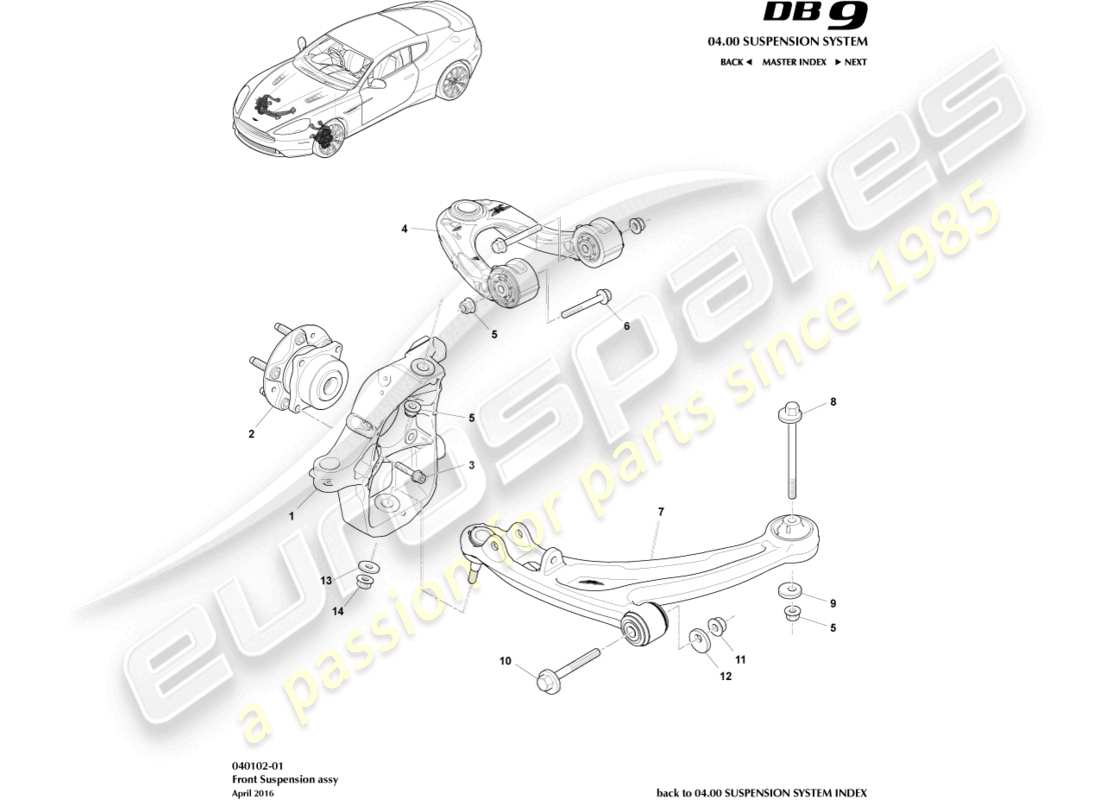 aston martin db9 (2013) schéma des pièces de l'ensemble de suspension avant