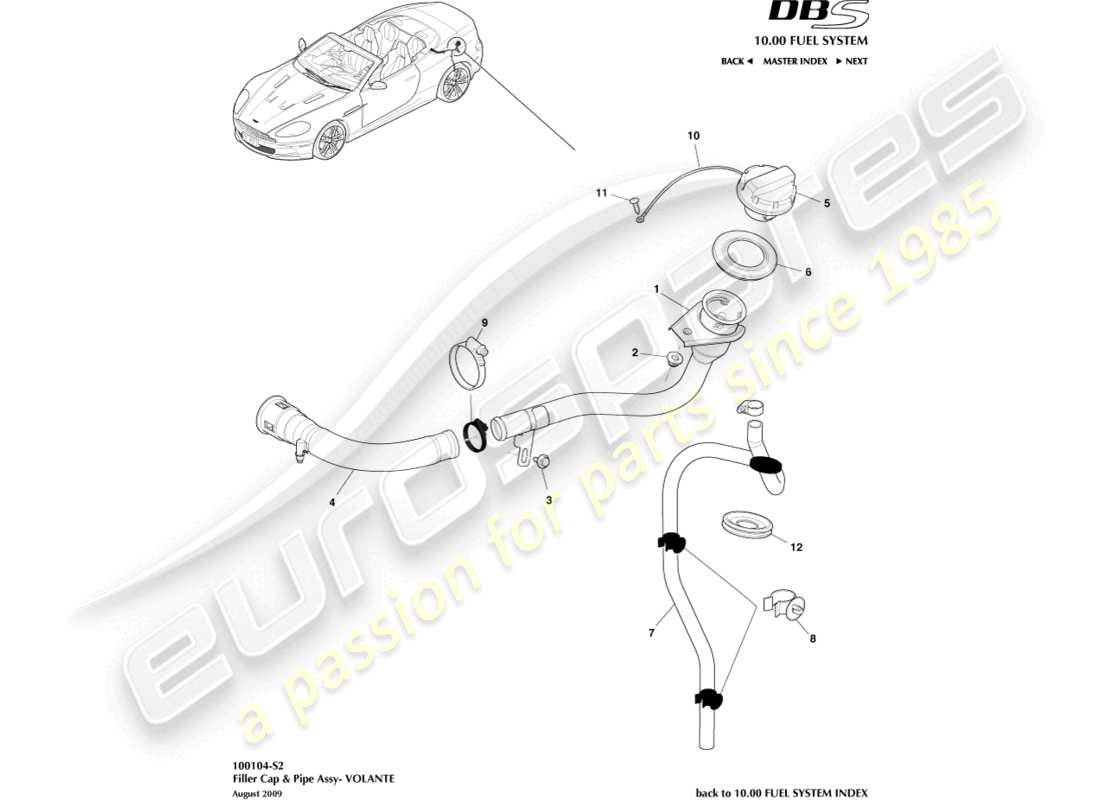 aston martin dbs (2010) bouchon et tuyau de remplissage de carburant, diagramme de pièce volante