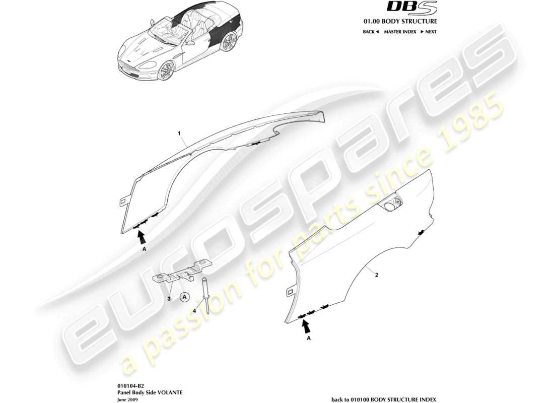 aston martin dbs (2010) côté corps du panneau, diagramme de pièce volante