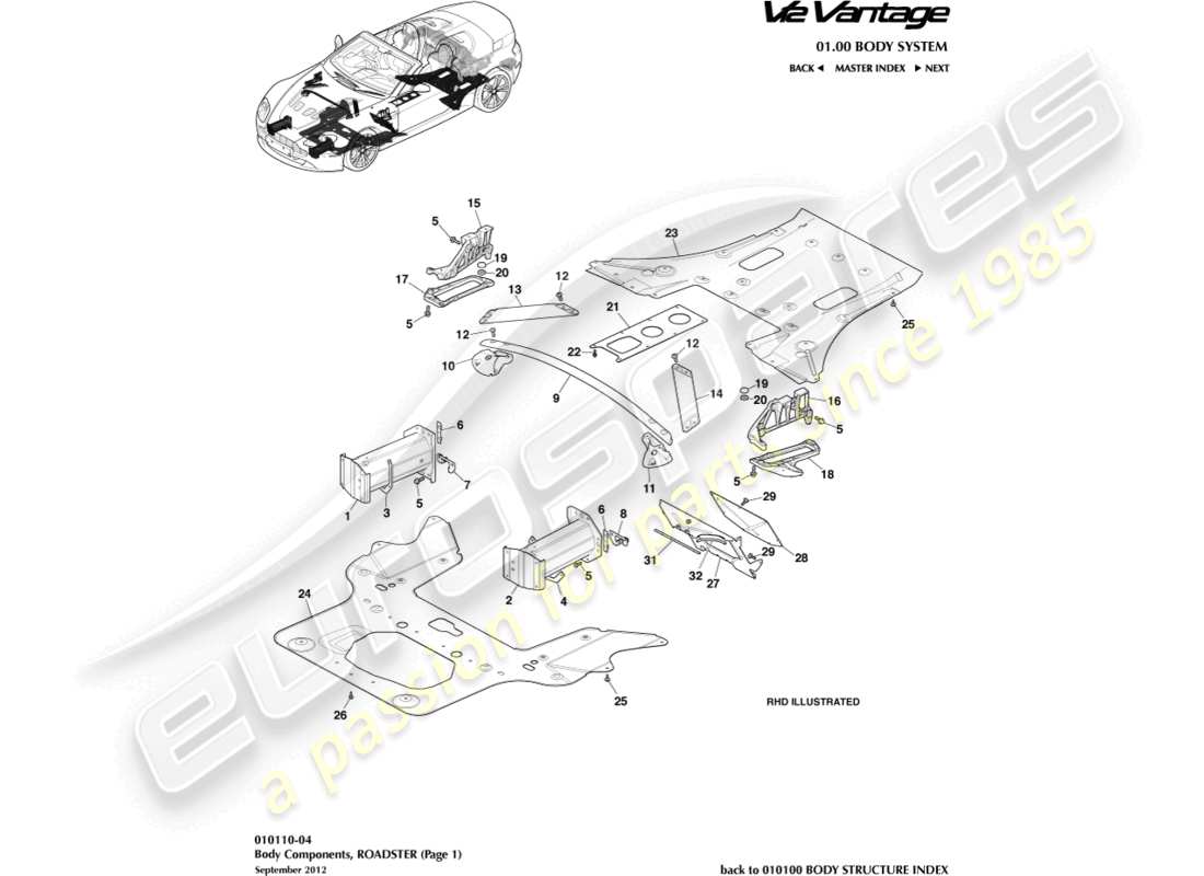 aston martin v12 vantage (2013) composants de carrosserie, diagramme des pièces du roadster